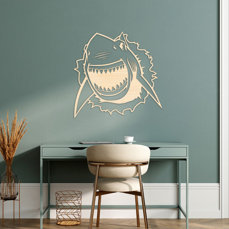 Art mural détaillé détaillé du requin - bouleau baltique naturel, H 31,5 po x l 32 po x P 0,25 po