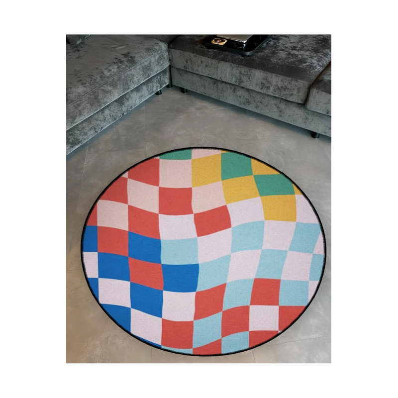 Tapis décoratif rétro à motif carré tissé abstrait, Rond 3 pi 4 po