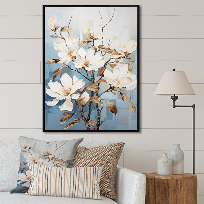 Harmonie de fleurs bleues et blanches Magnolias VI, H 32 po x l 24 po x P 1 po, Cadre flottant noir