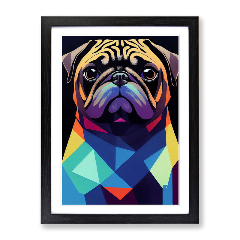 Pug Dog Geometric Vol.1 - Single Picture Frame Painting, Oak, 64cm H x 46cm W x 2cm D