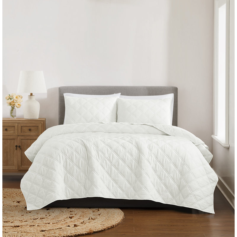 Brooklyn Loom Diamond Washed Cotton Quilt Set, Twin Extra Long Quilt  + 1 Sham, White