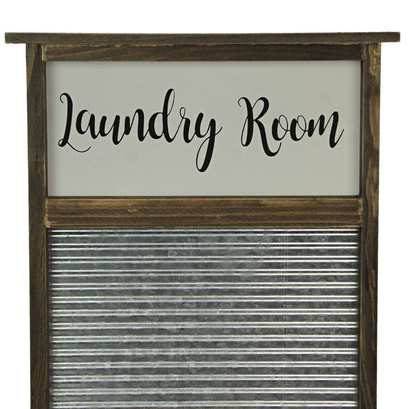 Farmhouse wood and galvanized metal washboard wall décor with black Laundry Room script on off-white background — 24" H x 13.25" L x 2" W