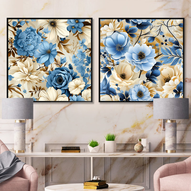 Elmsford - Ensemble de 2 collages carrés floraux, Cadre flottant noir, H 30 po x l 61 po