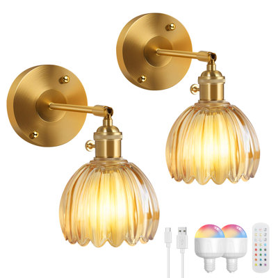 Vintage Battery Operated Wall Sconce with Amber Tulip Glass Lampshade Rechargeable Wall Light with Remote Control Dimmable Timer Wall Lamp for Bedside