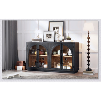 Grande armoire-buffet à 4 portes avec portes en verre, conception arquée et tablettes réglables pour une utilisation polyvalente à la maison