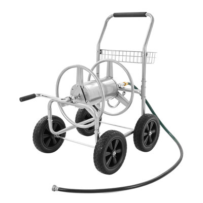 Hose Reel Cart, Hold Up to 250 ft of 5/8’’ Hose, Garden Water Hose Carts Mobile Tools with 4 Wheels, Heavy Duty Powder-coated Steel Outdoor Planting with Storage Basket, for Garden, Yard, Lawn