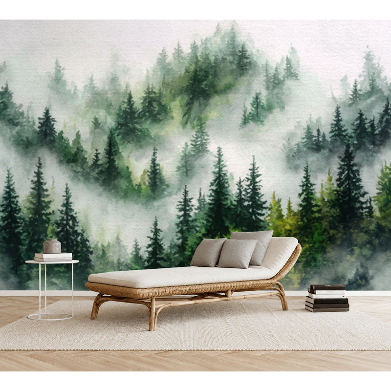 Papier peint auto-adhésif Misty Forest Landscape Evergreen Trees, L 69 po x l 96 po