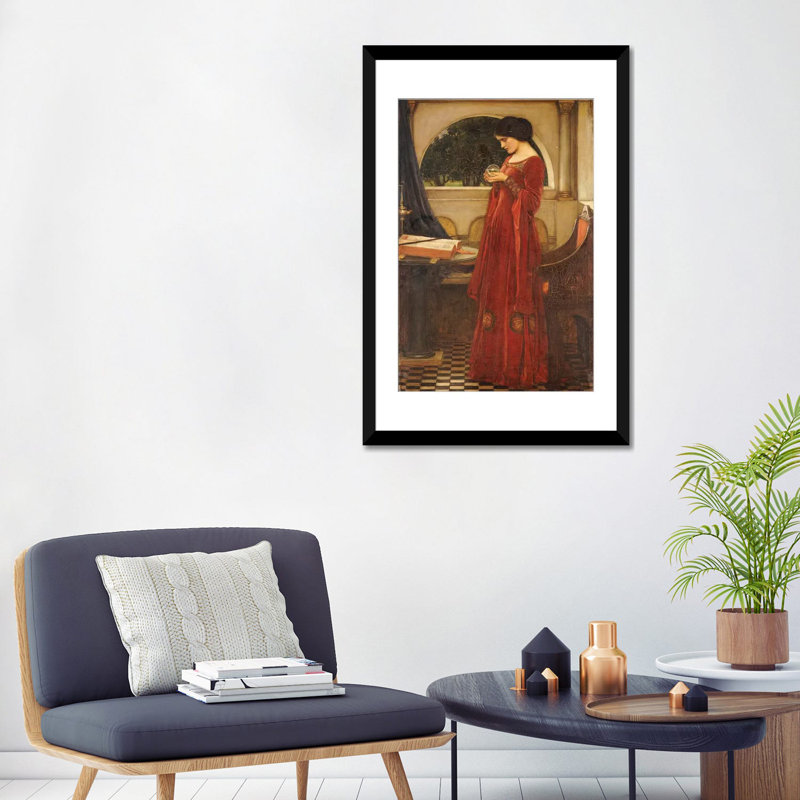 "the crystal ball, 1902" par john william waterhouse, reproduction d’art sur toile, Papier d'art encadré noir, Blanc