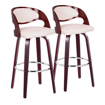 Tabouret de bar 30 po Mid-Century moderne à hauteur fixe avec pivot en bois de cerisier et similicuir blanc avec repose-pieds rond en métal chromé - ensemble de 2