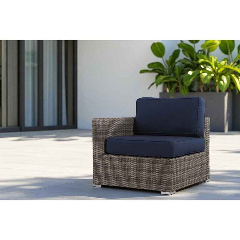 R L Sectional Modular Outdoor Chair, 5 - Inch Navy Blue Seat And 7 Back Cushions, Fade Fabric, Rust Frame One Arm Chair For Patio, Thick Covers, All Weather Aluminum