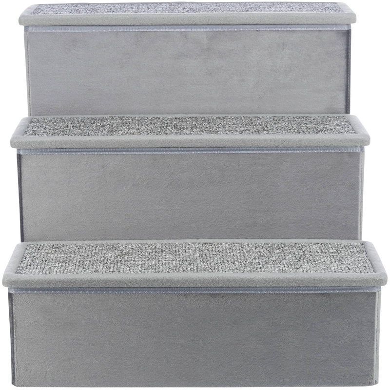 Gray Velour Foldable 3-Step Pet Stairs with Storage