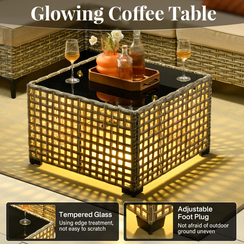 7- Person Outdoor Wicker Patio Conversation Furniture Set With Fire Pit Table, Beige