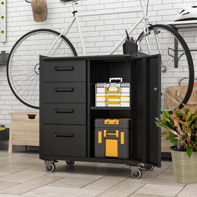 Sturdy Metal Tool Storage Cabinet with Wheels - Tool Storage Cabinet for Garage, Office, and Home Organizer Solutions, Black/Grey