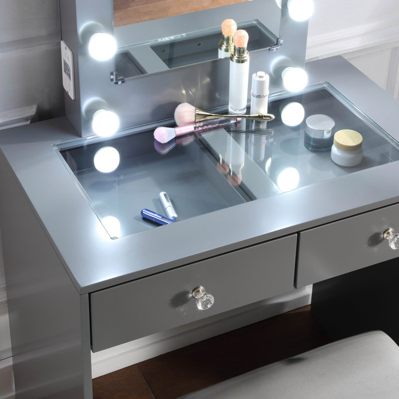 Makeup Vanity and Stool Set, Gray