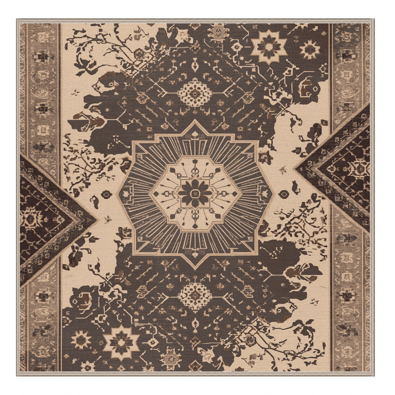 Tapis oriental beige / beige lavable à la machine Pauleta, Carré 6 pi