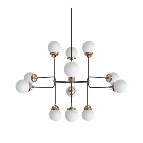 Modern tiered chandelier with a black frame and gold accents featuring multiple spherical white glass globes.