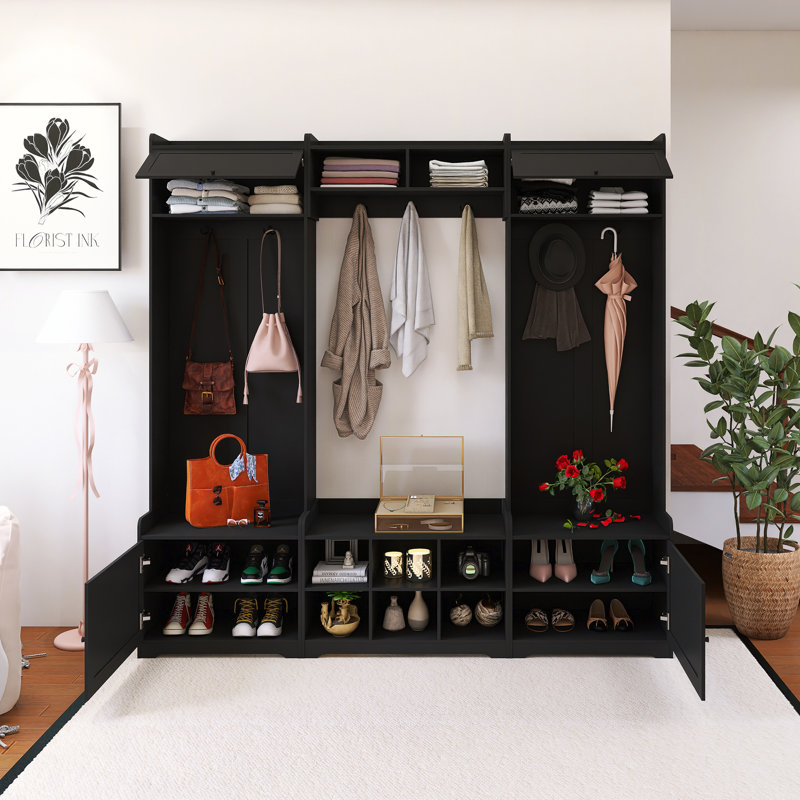 Arbre d'entrée 79,10 po avec 7 crochets à manteau, tablette réglable et rangement pour chaussures, Noir