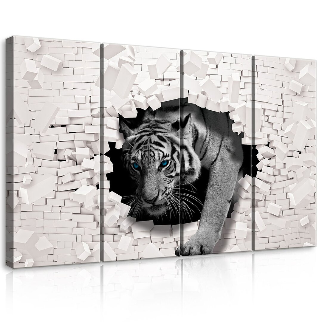 4-tlg. Leinwandbilder-Set 3D Tiger Kommt Aus Der Wand