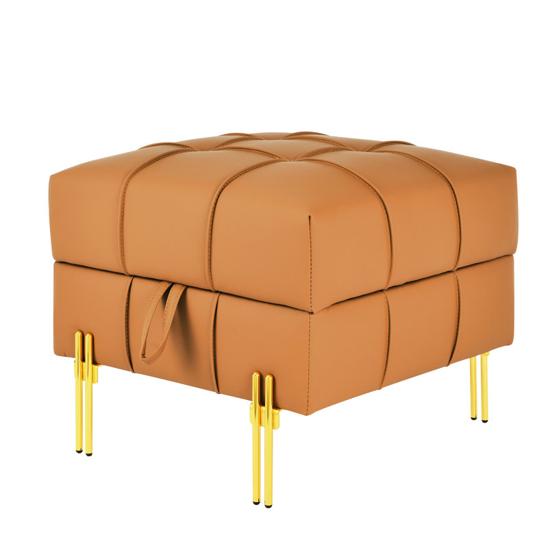Orange 22 Inches Scratch Leather With Storage Function - Pet- Entryway Bench And Golden Stainless Steel Legs Space, Orange