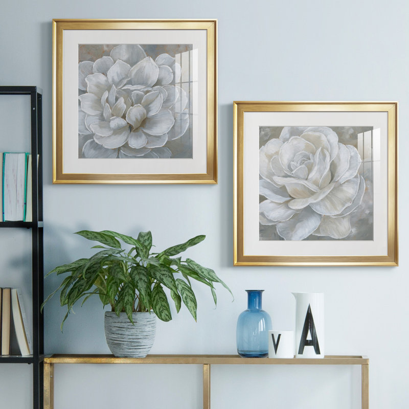 «Bombshell Bloom I», ensemble de 2 reproductions d'art sur toiles, H 17,5 po x l 35 po, Papier encadré noir, Doré