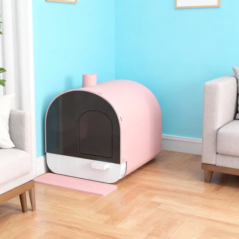 Litière pour chat en plastique rose avec tapis d'entrée et filtre - Espace privé pour chatons, chats, plateau amovible, entretien facile, pour arrêter les odeurs, côté attaché, décor en forme de hutte, couvercle requis pour l'assemblage