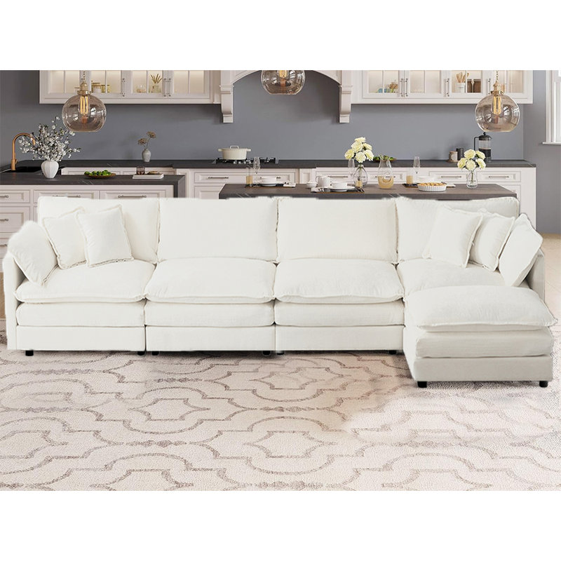Canapé modulaire en L avec repose-pieds mobile Harut, Chenille blanche