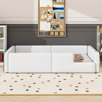 Sturdy Twin Padded Platform Bed Equipped With Safety Guardrail And Built-In Charging Station