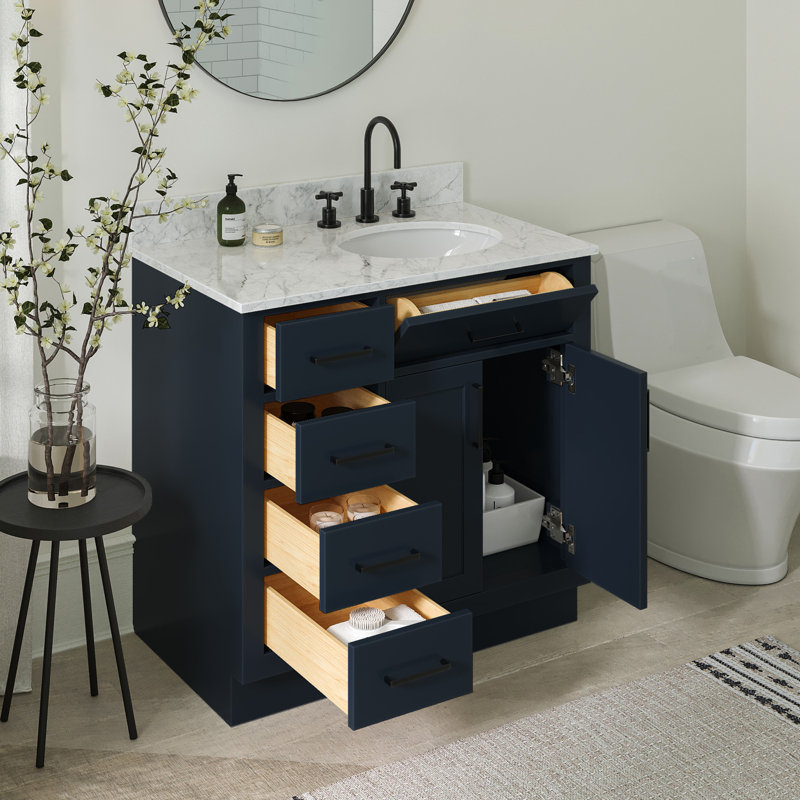 Meuble-lavabo simple Jameal de 36 po en bois massif avec comptoir en marbre de Carrare de 0,75 po et lavabo ovale dÃ©calÃ© Ã  droite