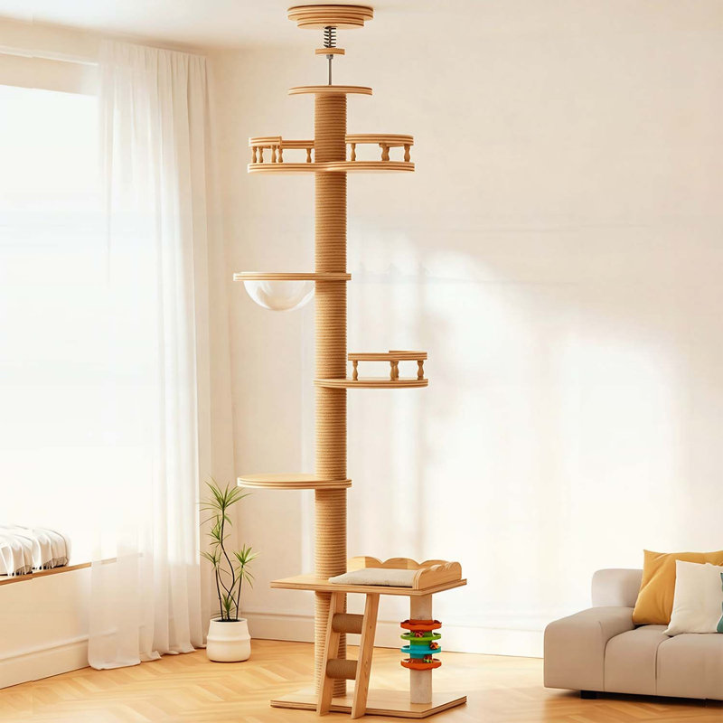 Arbre à chat à hauteur réglable du sol au plafond avec poteau à griffer en sisal, perchoir à fenêtre et boules de jouets rotatives pour chats d'intérieur