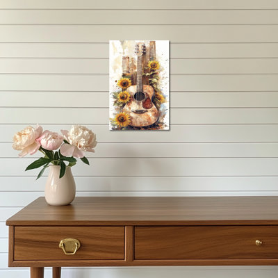 Western Cowgirl Wall Prints - Charmante Cowgirl, reproduction d'art sur toile pour salon, œuvre d'art de tournesol de guitare rustique pour chambre à coucher, peinture sur châssis tendue, 12 po x 16 po