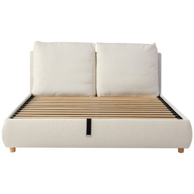 Hydraulic Upholstered Bed With Led Headboard & Storage – White Bouclé