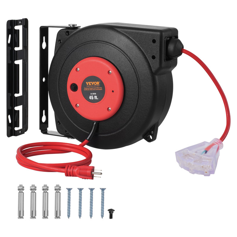 Enrouleur de cordon d'alimentation rétractable 45 pi, Rouge / noir