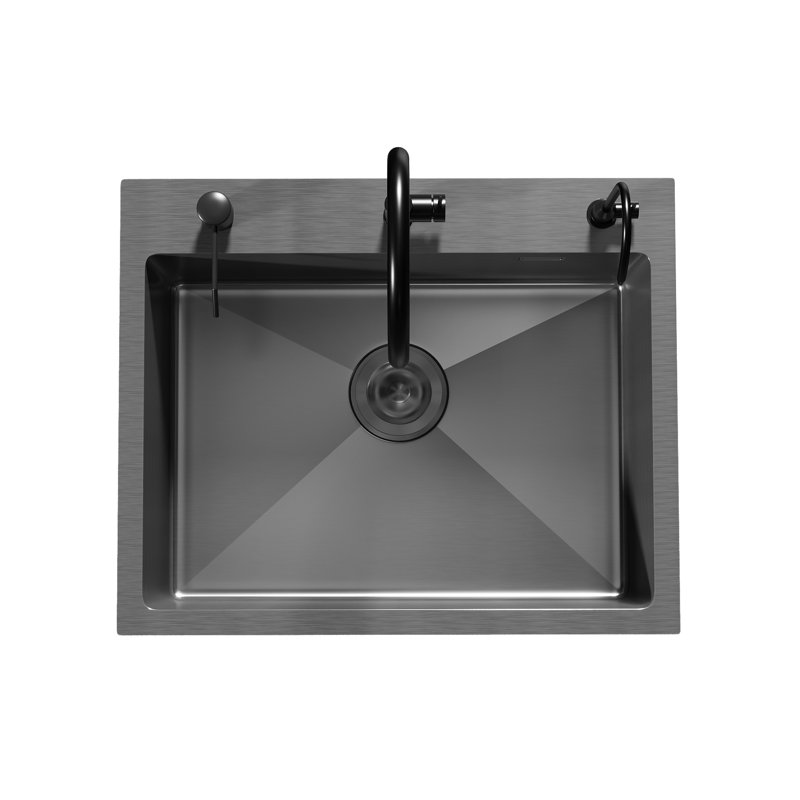DeerValley 55×45 cm Stainless Steel Drop-In Sink with Faucets, Pop-Up Strainer & Drainer Basket, Nano Black