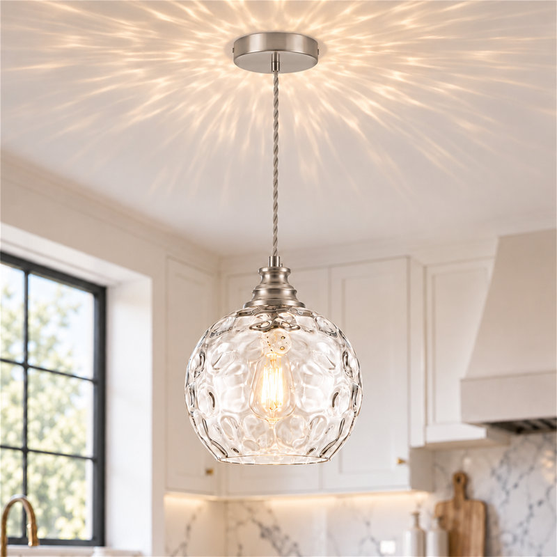 Luminaire suspendu en verre martelé 1 lumière pour îlot de cuisine., Nickel