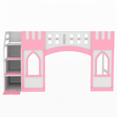 Lit mezzanine simple avec escalier de rangement et fenêtre, rose