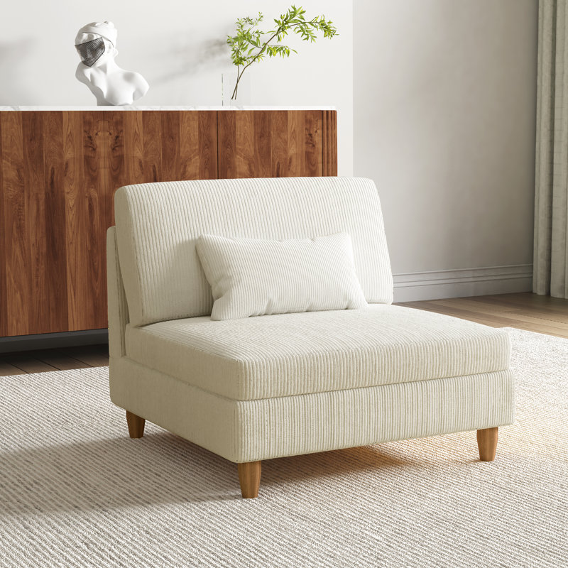 Upholstered Beige Corduroy Armless Chair with Pillow Back,  Module Part For Sectional Sofa, Beige Corduroy