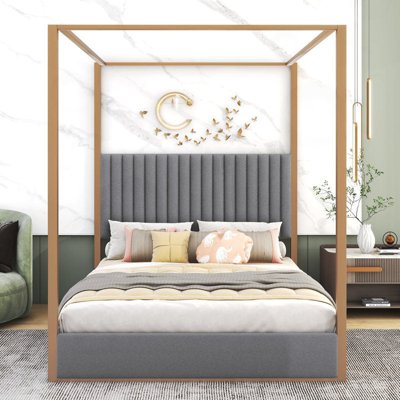Emenie Queen Size Metal Canopy Platform Bed with Twin Size Trundle and 3 Drawers, Gray