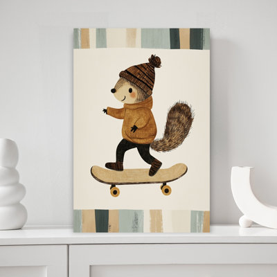 Happy Squirrel Skater Contemporary Squirrel Forest Wall Art Print by Mathieu - Wrapped Canvas Print
