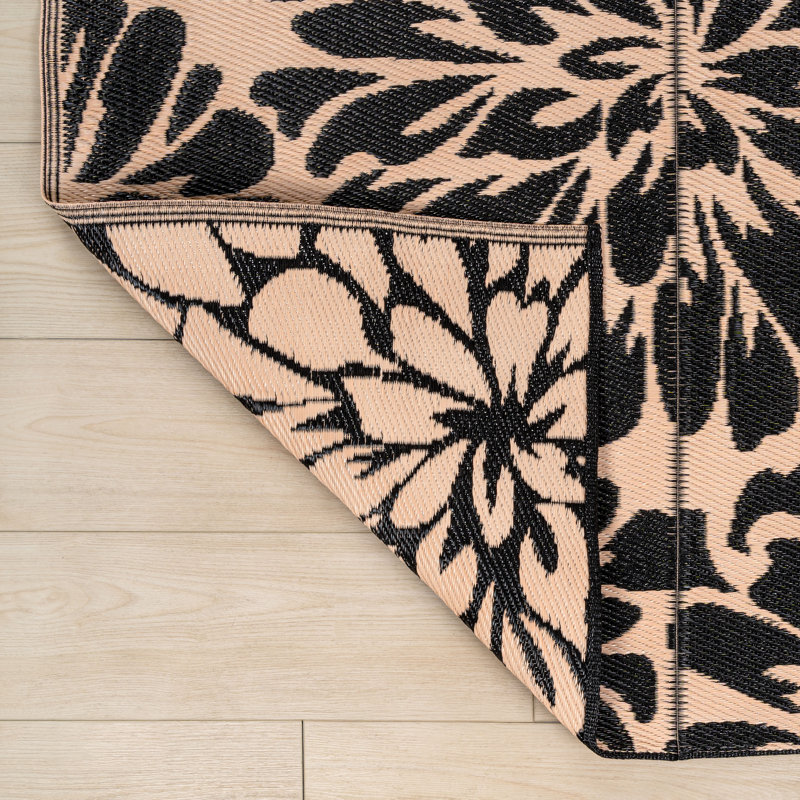Tapis d'extérieur pliable et réversible Bloom, Noir/crème, Rectangle 4 pi x 6 pi