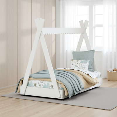 Lit de sol Kally, conception de style tente, bois blanc mat