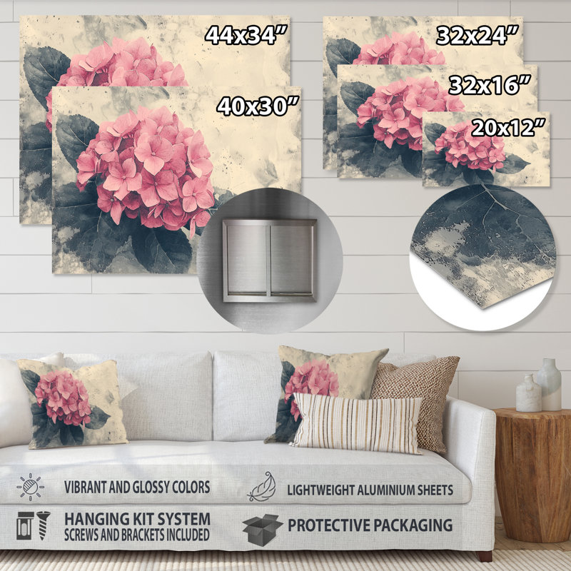 Simple hortensia rose dans un jardin monochrome II - art mural en métal hydrangées, H 12 po x l 20 po