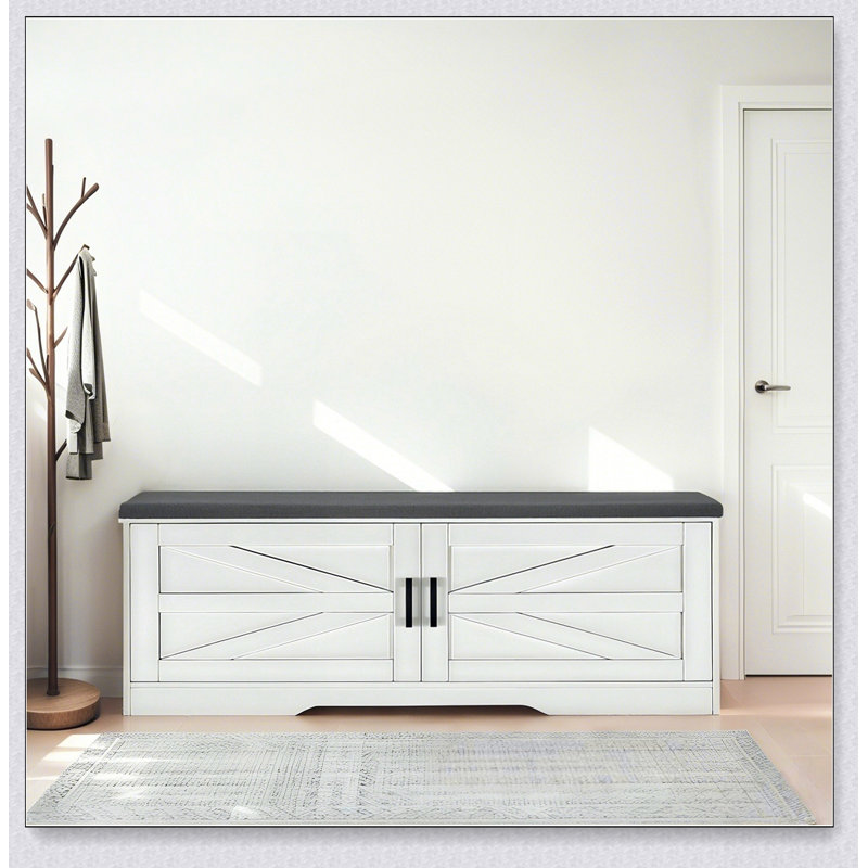 Banc de rangement à 2 niveaux avec coussin de siège rembourré, 2 portes de grange et tablettes réglables pour l'organisation du vestibule