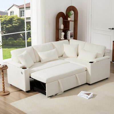 Chenille L-Shaped Extendable Convertible Corner Sofa with Storage, Cup Holders, USB Charging Port, Armrest Tray and 4 Cushions