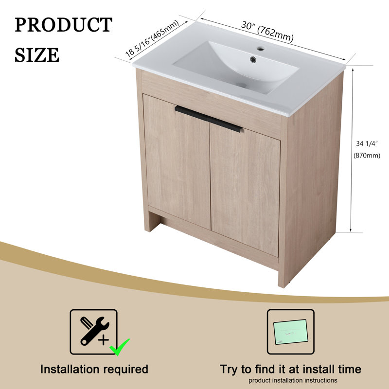 Meuble-lavabo autoportant simple 30,03 po avec plateau en céramique Avikrit, Chêne clair uni