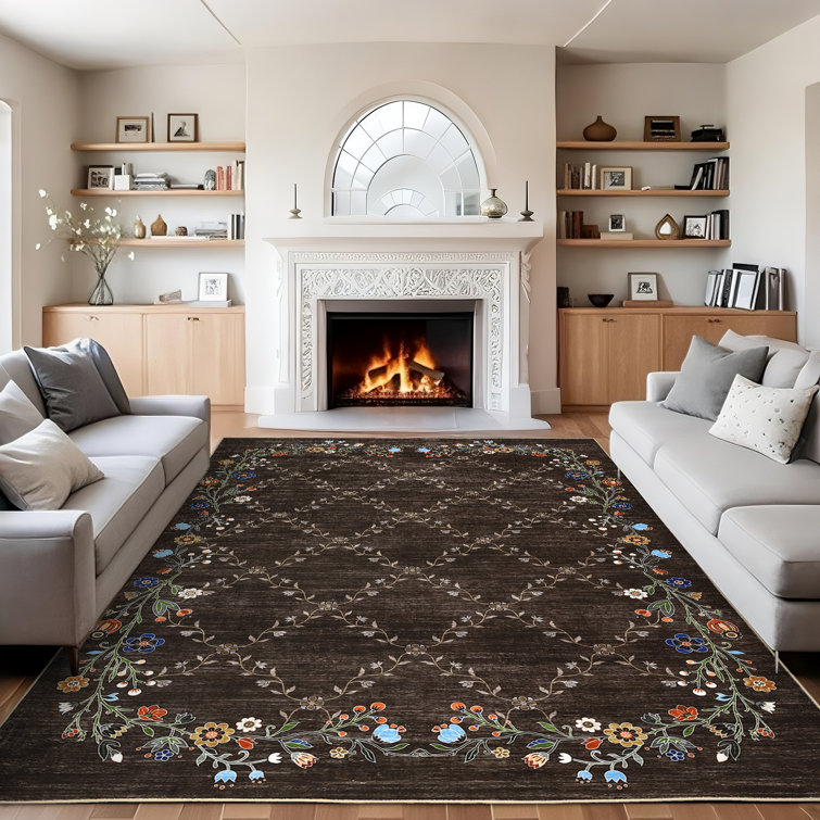 Floral Machine Washable Rugs for Living Room Non-Slip Farmhouse Accent Rug Foldable Thin Indoor Carpet Stain-Resistant Modern Floor Mats for Bedroom, Nursery, Dining Room