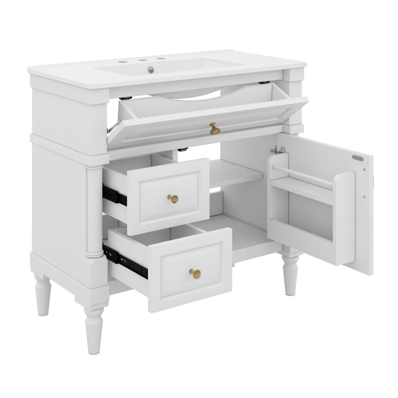 Meuble-lavabo 36 po avec lavabo en céramique, 2 tiroirs et rangement à porte rabattable, tablette réglable, Blanc