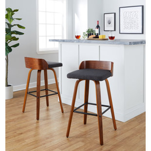 Maya 30" Mid-Century Modern Fixed-Height Barstool With Swivel In Wood And Fabric With Square Chrome Metal Footrest - Set Of 2 (Set of 2)