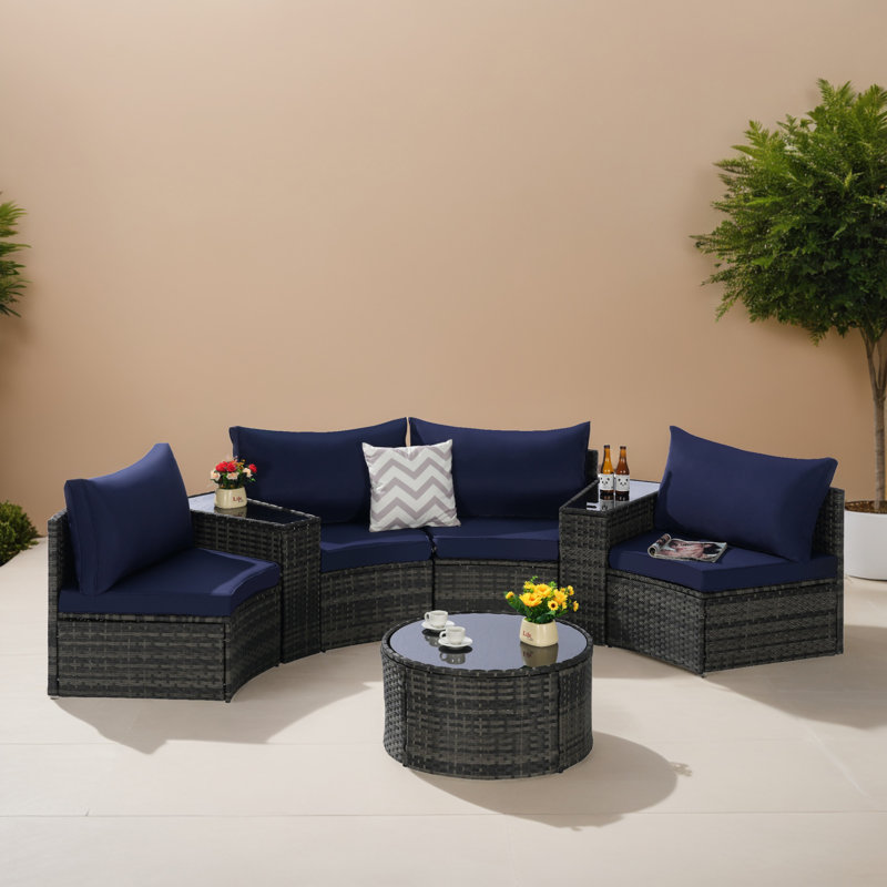 11 - Piece Half-Moon Outdoor Wicker Round Sectional Sofa Set with Coffee Table for Patio, Garden, Deck, Pool, Dark Blue