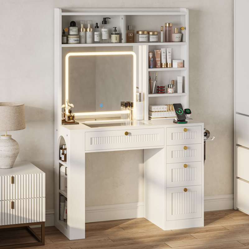 Makeup Vanity Desk With 5 Drawers, All-in-one Vanity With 3-color Lighted Mirror, Charging Station, Hair-dryer Holder, 8 Shelves For Bedroom