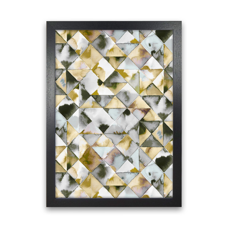 Moody Triangles Gold Silver - Print, 63cm H x 46cm W x 3cm D, Black Framed